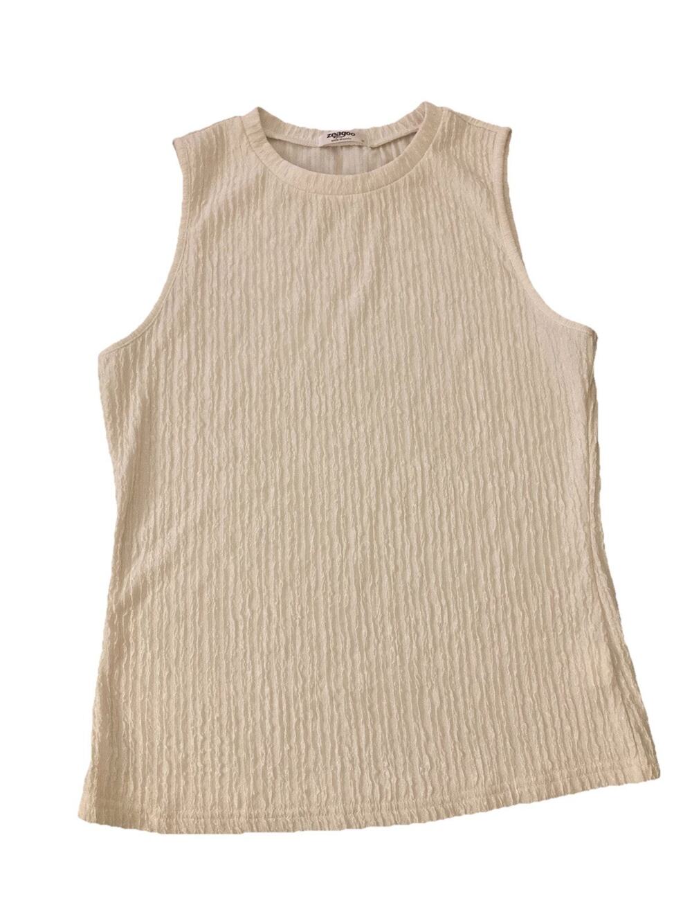 Zeagoo Womens Top Sz M Cream Textured Stretch Sleeveless Classic Band Collar